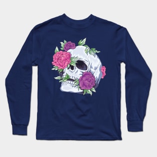 Skull and Peonies Sugar Tattoo Style Long Sleeve T-Shirt